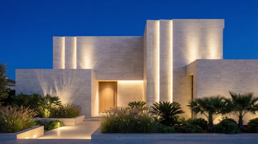 Fachada de casa de luxo minimalista com volumes em mármore travertino, rasgos verticais iluminados com LED, porta de entrada em madeira clara e paisagismo contemporâneo, projeto por Raphael Davila.