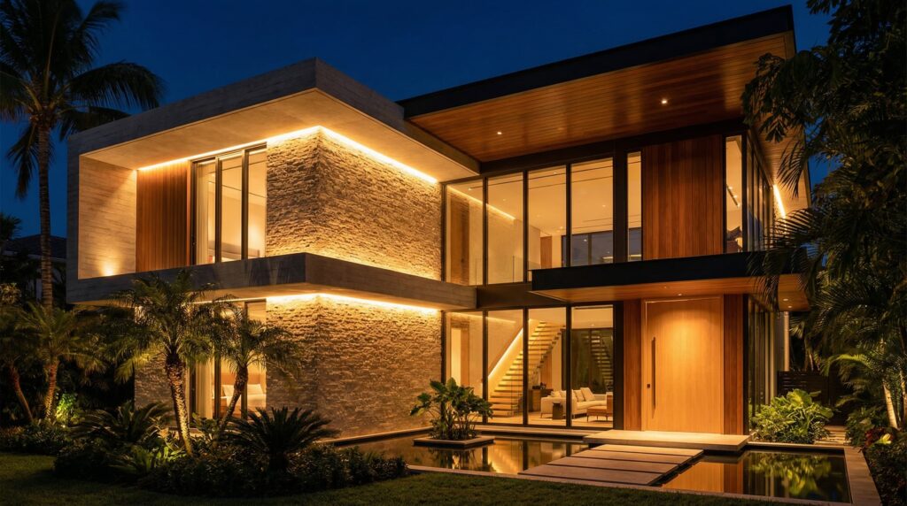 Vista noturna de casa de luxo com dois pavimentos, grandes paredes de vidro revelando escada interna, volumes em pedra natural e concreto aparente com iluminação LED linear, projeto por Raphael Davila.
