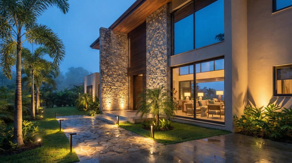 Fachada de casa de luxo com torre revestida em pedra moledo, grandes janelas de vidro revelando living decorado, caminho de pedras naturais no jardim com balizadores de luz, projeto por Raphael Davila.