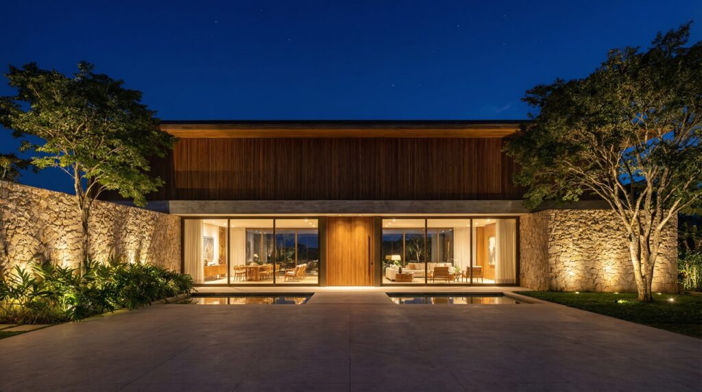 Fachada noturna de casa de luxo com simetria marcante, paredes laterais em pedra moledo, grande vão central envidraçado, forro superior em madeira ripada e espelho d'água frontal, projeto por Raphael Davila.