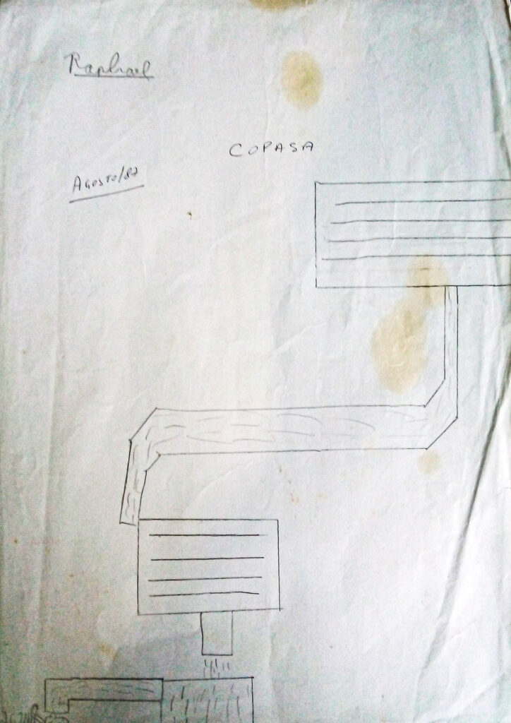 Desenho feito por Raphael Davila aos 7 anos representando os silos de armazenamento de grãos da empresa do pai.