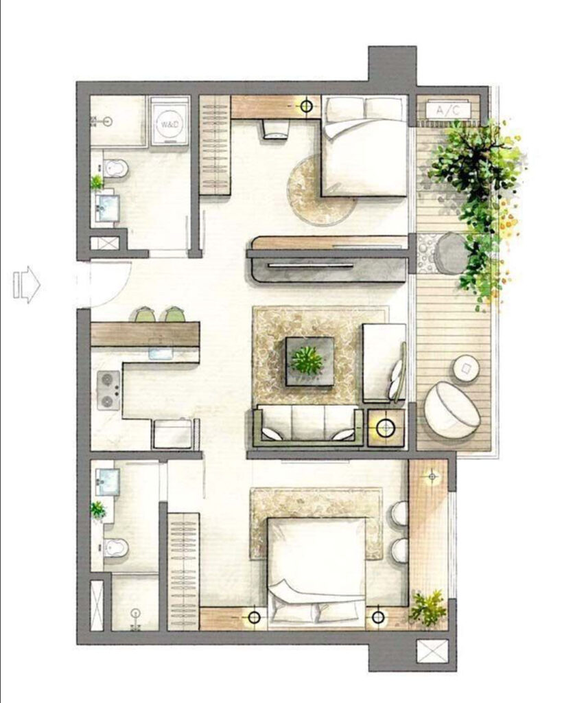 Planta baixa humanizada de apartamento em anúncio imobiliário de jornal dos anos 80, com mobiliário desenhado.