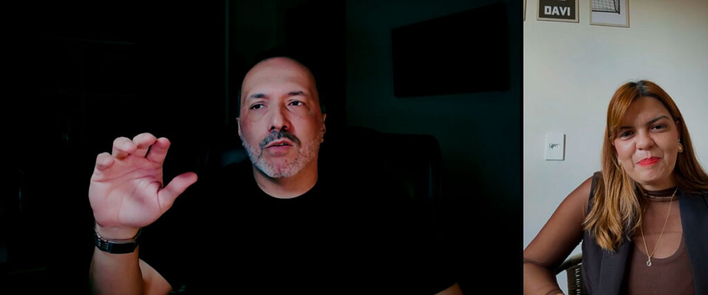 Reunião online de consultoria com o arquiteto Raphael Davila, tela com referências de projeto e cliente remoto.
