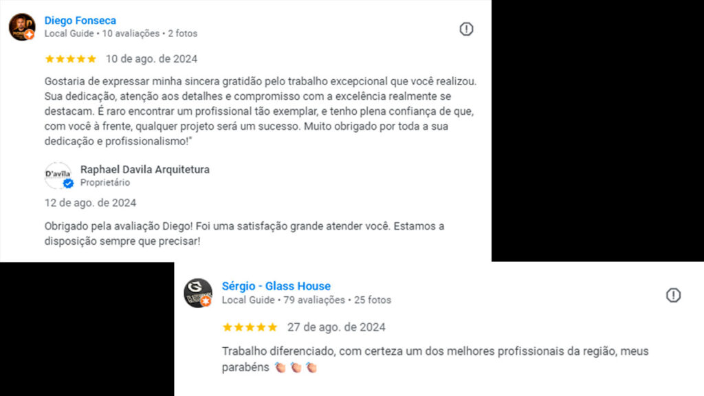 Print das avaliações Google do escritório Raphael Davila Arquitetura com comentários de clientes reais.