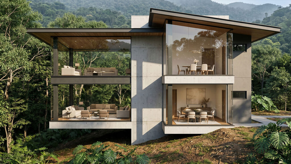 Render de projeto residencial moderno com integração total com a natureza, representando o futuro do escritório Raphael Davila Arquitetura.