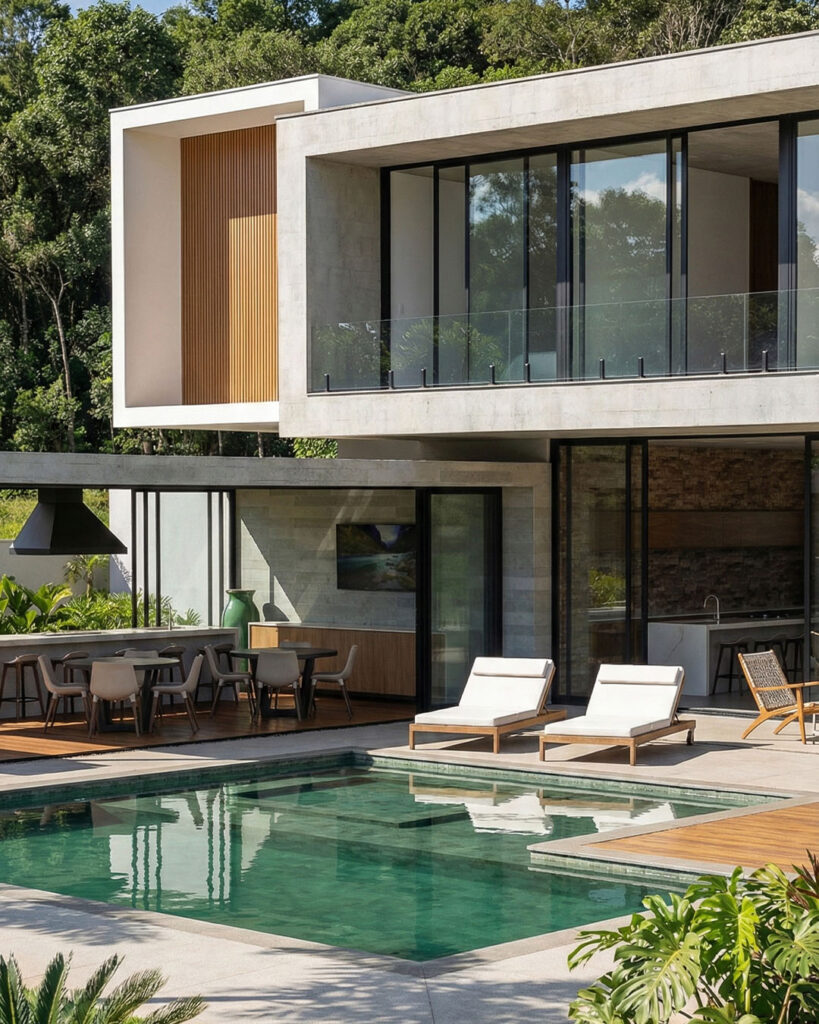 Fachada icônica de projeto de referência do escritório Raphael Davila Arquitetura ao entardecer, imagem que convida à ação de contato.