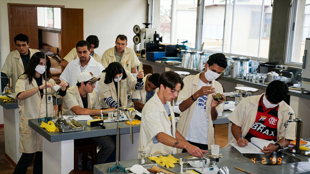 Foto de alunos do curso técnico em Edificações do CEFET-PR no laboratório de materiais — época de Raphael Davila.