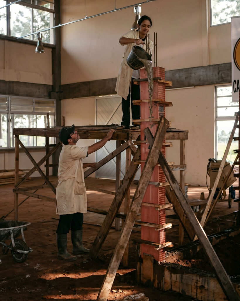 Foto de alunos do curso técnico em Edificações do CEFET-PR no canteiro de obras — época de Raphael Davila.