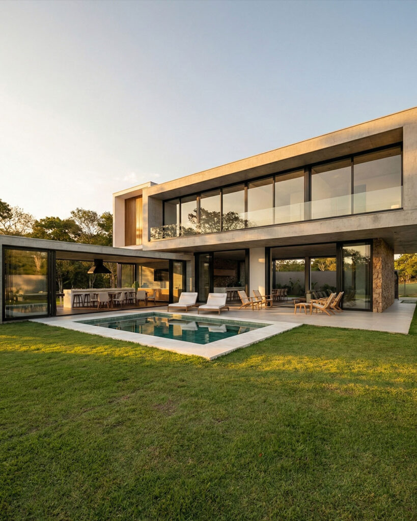 Fachada de residência de alto padrão com materialidade atemporal em concreto, pedra e madeira, projeto de Raphael Davila.