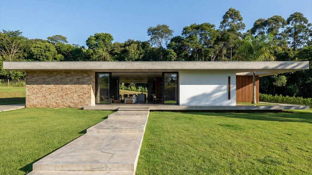 Fachada de residência contemporânea com balanços estruturais e painéis de madeira ripada, projeto de Raphael Davila.