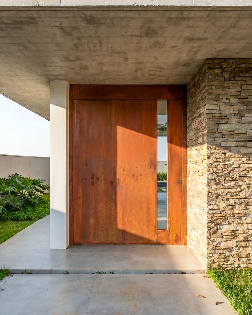 Porta de entrada em aço corten com dimensões 2,30m x 3,20m em fachada de residência de alto padrão, projeto de Raphael Davila.
