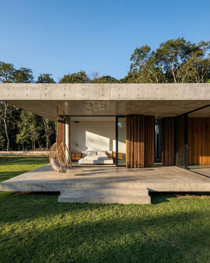 Continuidade espacial entre área interna e externa em residência de alto padrão, projeto de Raphael Davila.