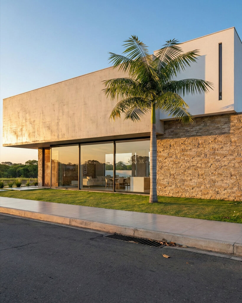 Render fotorrealista de fachada moderna de residência de alto padrão gerado a partir do anteprojeto, por Raphael Davila.