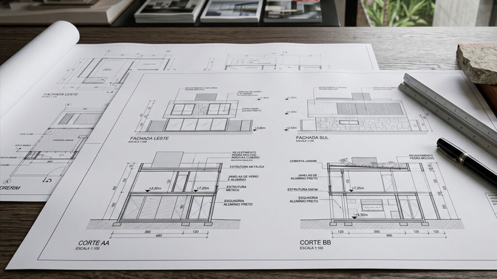 Prancha de projeto executivo com detalhes técnicos, especificações de materiais e cotas dimensionais.