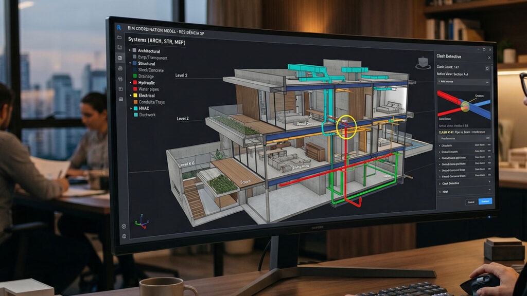 Modelo BIM com disciplinas estrutural, hidráulica e elétrica sobrepostas em cores diferentes para compatibilização de projetos.