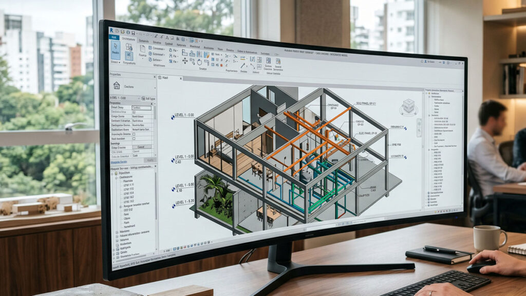 Modelo tridimensional de residência de alto padrão em software BIM, com detalhamento de estrutura, paredes e cobertura.