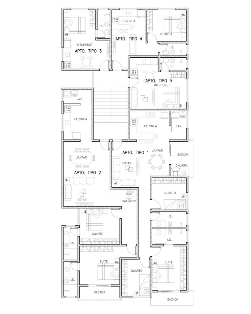 Projeto de edifício de 5 pavimentos com térreo comercial e apartamentos residenciais, por Raphael Davila.