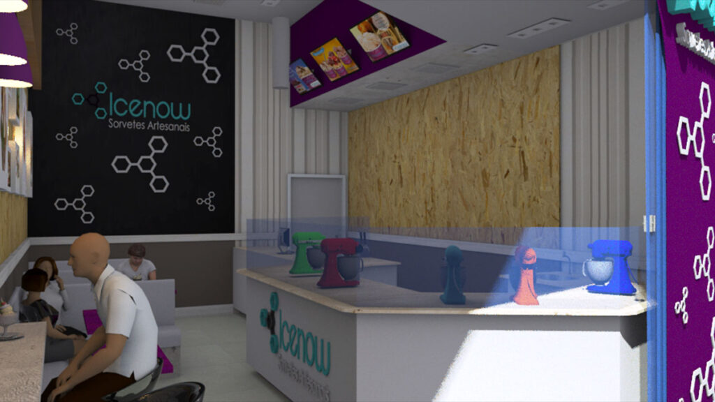 Projeto da Sorveteria Ice Now no Shopping Catuaí em Maringá, Paraná, 2015, desenvolvido por Raphael Davila em 3 semanas.