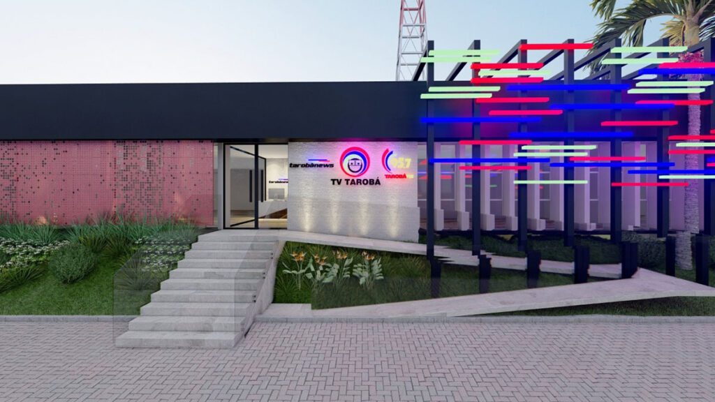 Fachada reformada da Rádio Tarobá em Cascavel, Paraná, 2020, projeto arquitetônico e de interiores de Raphael Davila.