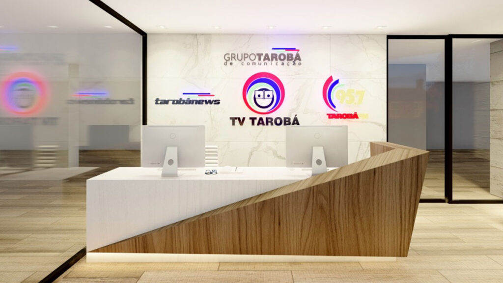 Área de recepção e administrativa da Rádio Tarobá em Cascavel, Paraná, 2020, projeto de Raphael Davila.