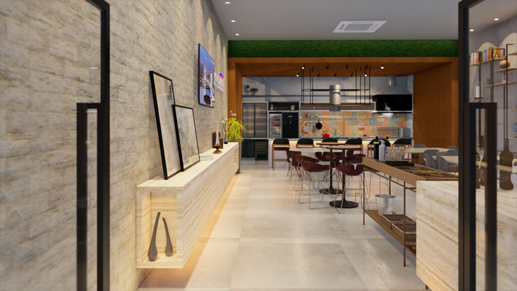 Espaço gourmet da Rádio Tarobá em Cascavel, Paraná, 2023, projeto de interiores de Raphael Davila.