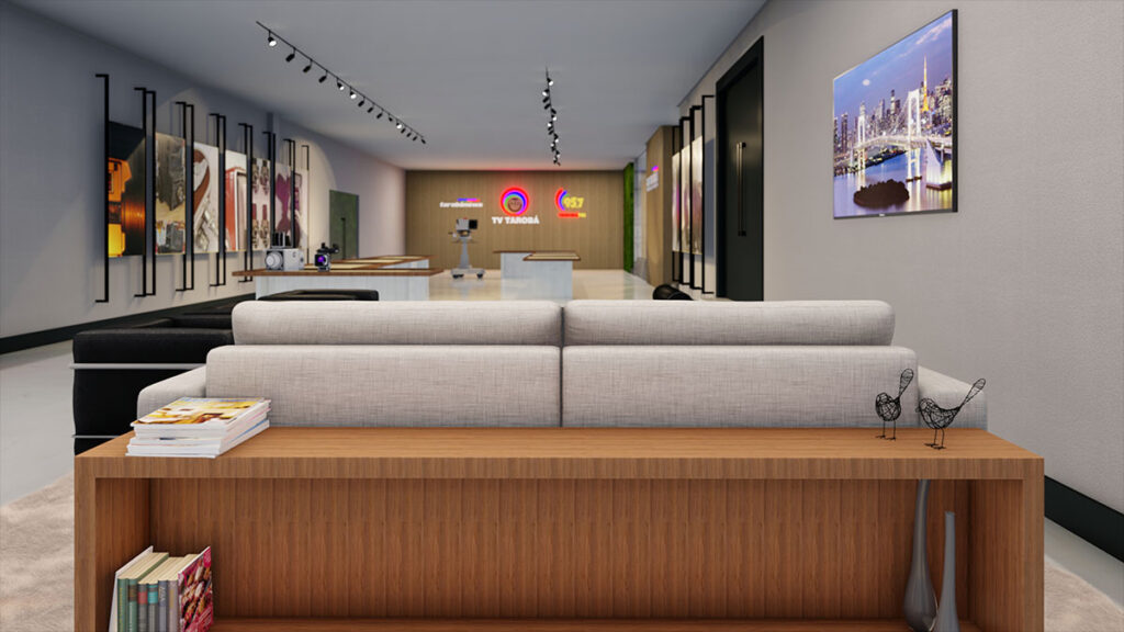 Projeto de interiores da sala do diretor e áreas administrativas da Rádio Tarobá em Cascavel, Paraná, 2023.