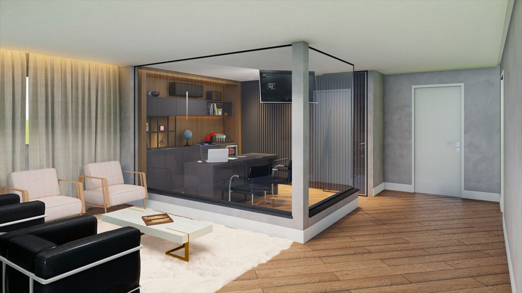 Sala do diretor da Rádio Tarobá em Cascavel, Paraná, 2023, projeto de interiores de Raphael Davila Arquitetura.