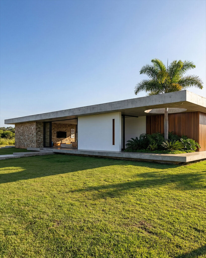 Fachada de casa de alto padrão em Uruaçu, Goiás, 2025, com a linguagem autoral do escritório Raphael Davila Arquitetura.