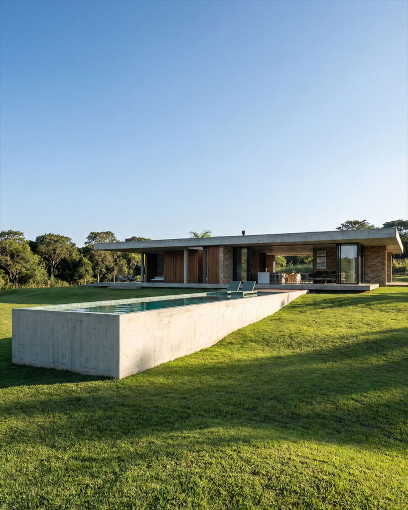 Vista geral da casa de alto padrão em Uruaçu, Goiás, 2025, com integração total entre arquitetura e paisagem do cerrado.