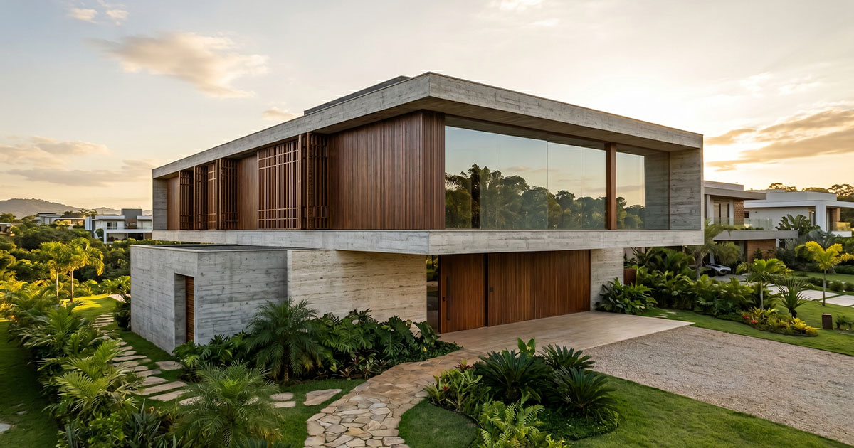 Fachada contemporânea de casa de alto padrão com pedra natural, madeira e grandes panos de vidro.