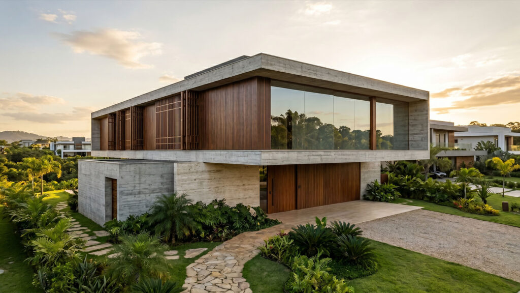 Fachada contemporânea de casa de alto padrão com pedra natural, madeira e grandes panos de vidro.
