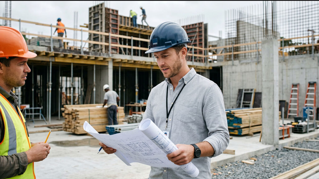 Arquiteto acompanhando execução de obra no canteiro com projeto em mãos, identificando desvios durante a construção.