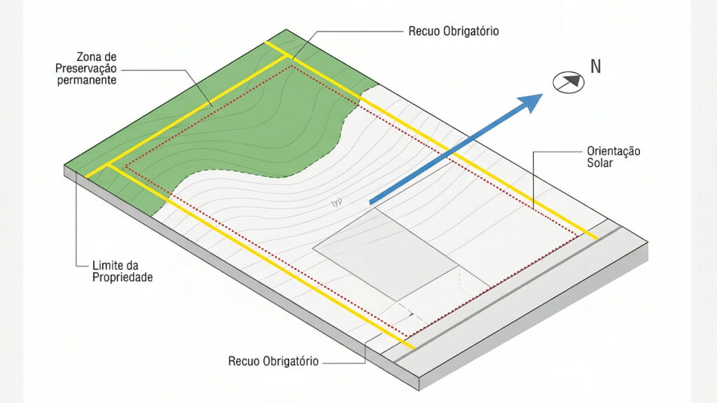 Análise de terreno para casa de alto padrão: orientação solar, topografia, recuos e restrições antes da compra.