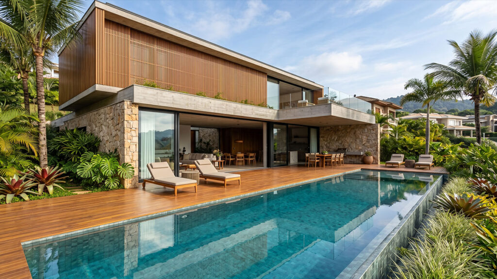 Projeto residencial de alto padrão com integração entre piscina e área externa, perfil arquitetônico valorizado em condomínios fechados como o Jardins de Monet.