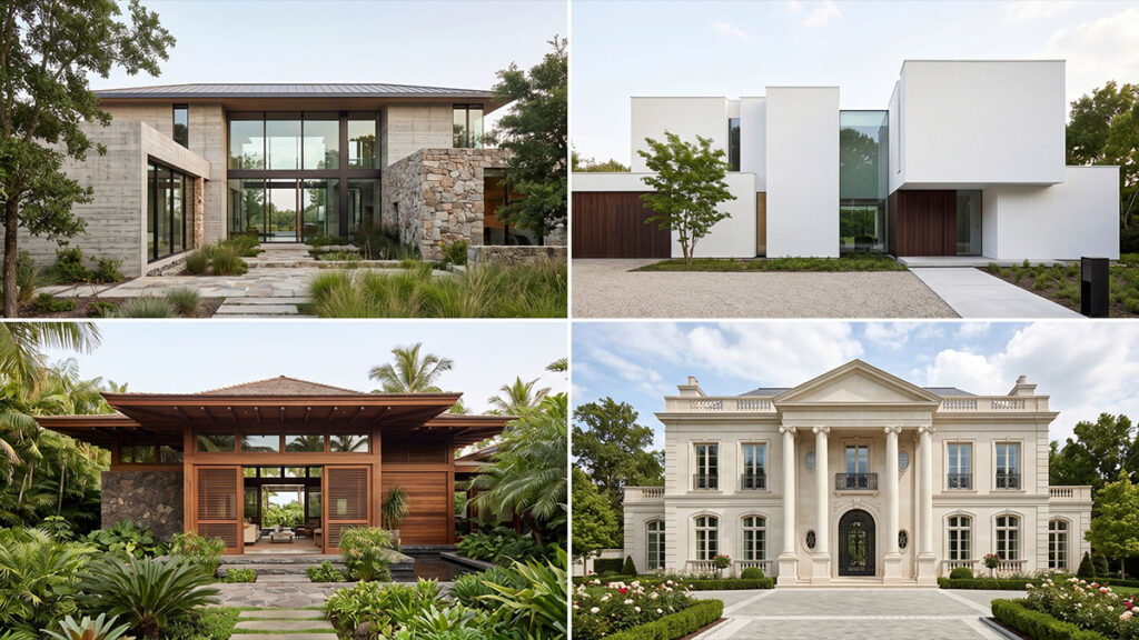 Comparativo visual de estilos arquitetônicos para casas de alto padrão: contemporâneo, minimalista, tropical e neoclássico.