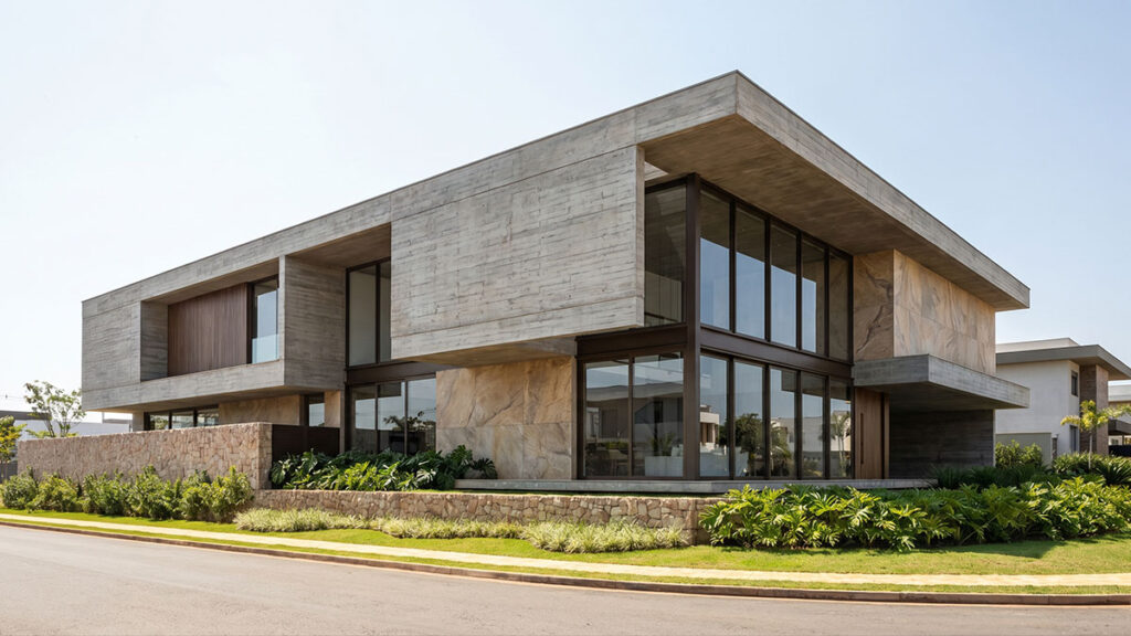 Residência contemporânea de alto padrão com fachada de composição volumétrica e materiais naturais, linguagem arquitetônica valorizada no Alphaville Maringá.
