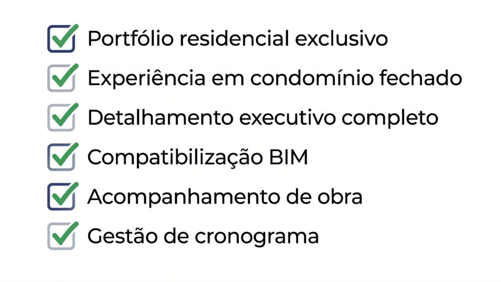 Lista visual dos principais diferenciais e serviços oferecidos em projetos arquitetônicos de alto padrão: portfólio exclusivo, experiência em condomínios fechados, detalhamento executivo, compatibilização BIM, acompanhamento de obra e gestão de cronograma.