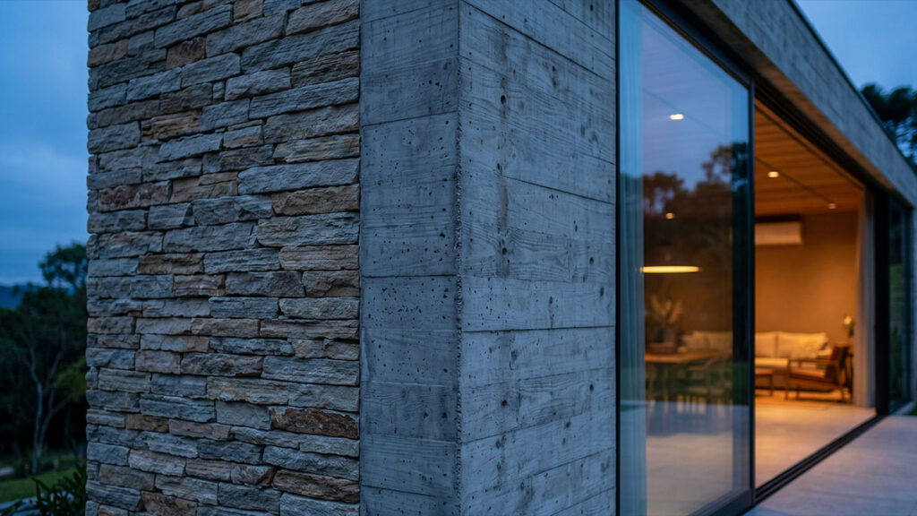 Detalhe de fachada de residência de alto padrão ao entardecer, combinando parede de pedra, concreto aparente com marcas de desforma e grande pano de vidro com vista para o interior iluminado.