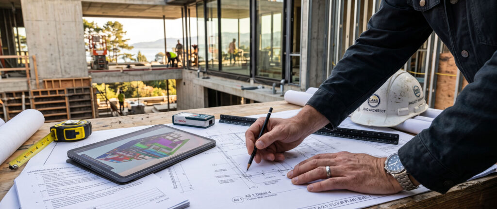 Mãos de arquiteto revisando prancha técnica com caneta em canteiro de obras de estrutura de concreto, ao lado de tablet com modelo BIM, capacete de engenharia e trena, em suporte realizado por Raphael Davila Arquitetura.
