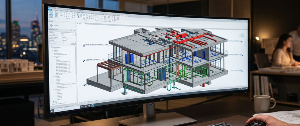 Monitor ultrawide exibindo software de modelagem com maquete 3D transparente de uma casa de luxo, destacando a integração tridimensional de sistemas hidráulicos, elétricos e estruturais na etapa de compatibilização por Raphael Davila Arquitetura.