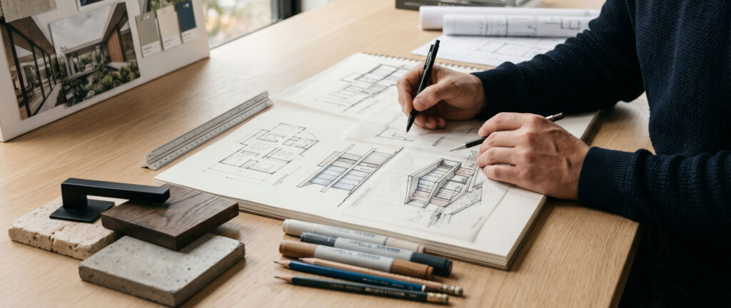 Mãos de arquiteto desenhando croquis artísticos à mão livre de uma fachada contemporânea em papel vegetal, com canetas marcadoras, amostras de revestimentos e moodboard ao lado, na etapa de conceito por Raphael Davila Arquitetura.