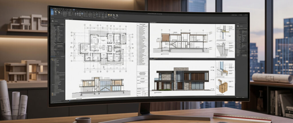 Monitor profissional curvado exibindo software BIM com detalhamento técnico completo de uma residência de luxo, incluindo planta baixa cotada, cortes construtivos, detalhes de fundação e modelo 3D da fachada, em desenvolvimento por Raphael Davila Arquitetura.