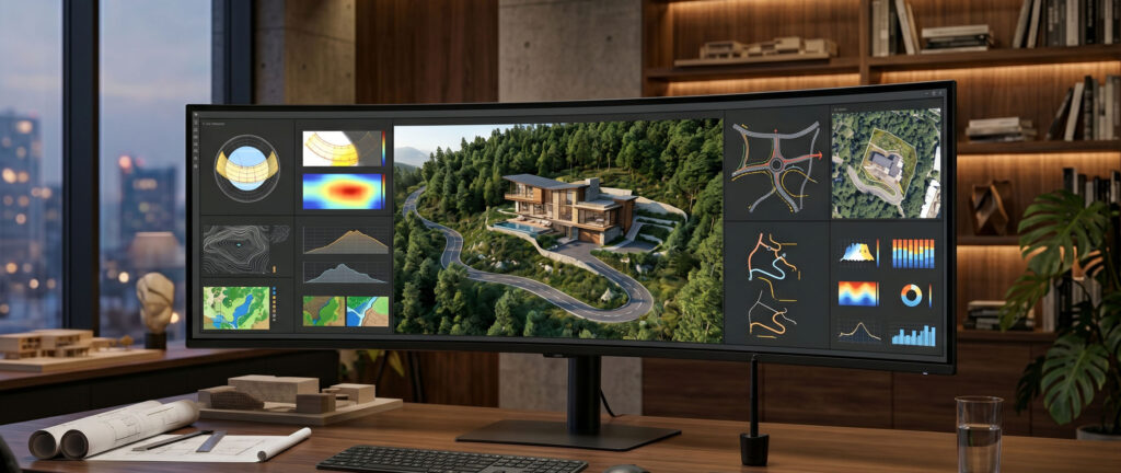 Monitor ultrawide em escritório de arquitetura exibindo gráficos de análise de topografia, carta solar de insolação, vista aérea de satélite e renderização 3D de uma casa contemporânea integrada ao terreno montanhoso, em estudo técnico por Raphael Davila Arquitetura.