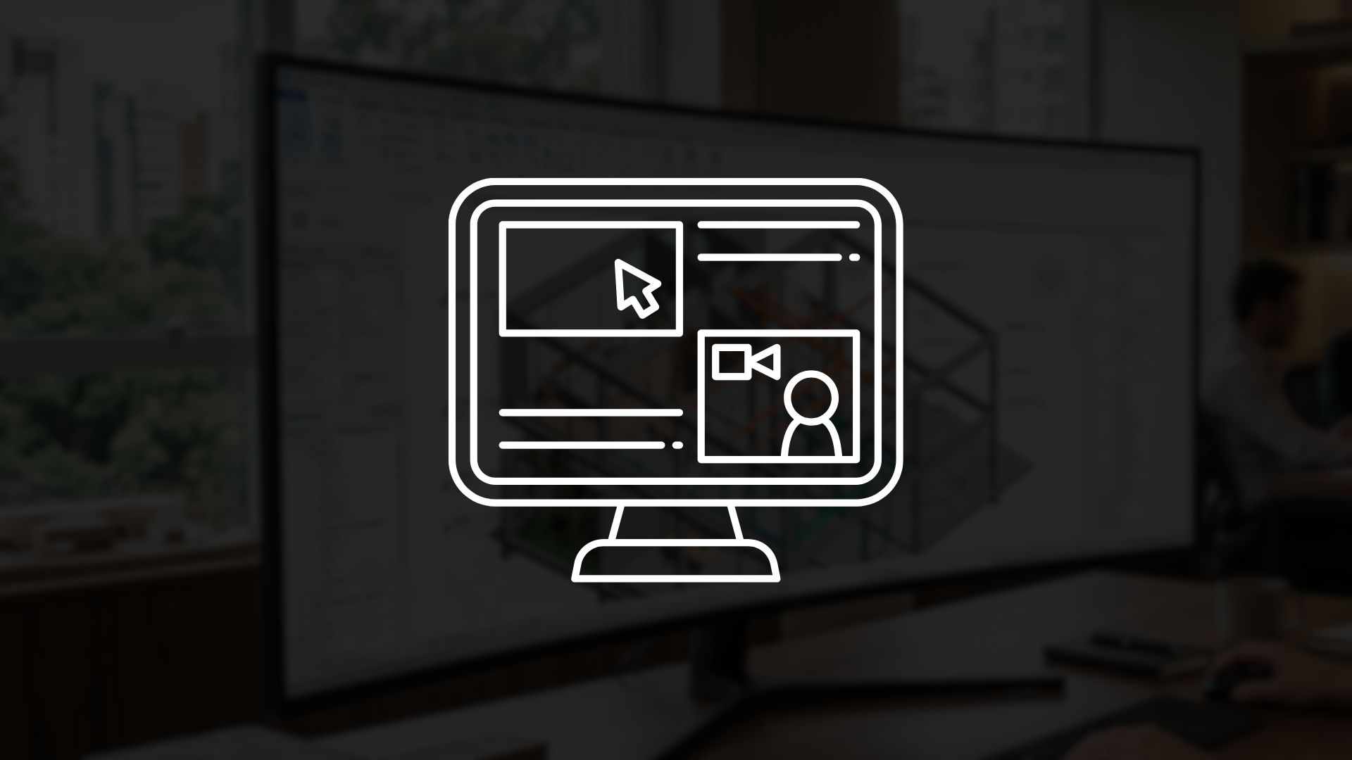 Ícone de monitor com interface de videoaula e cursor, representando cursos complementares em tecnologia aplicada à arquitetura.