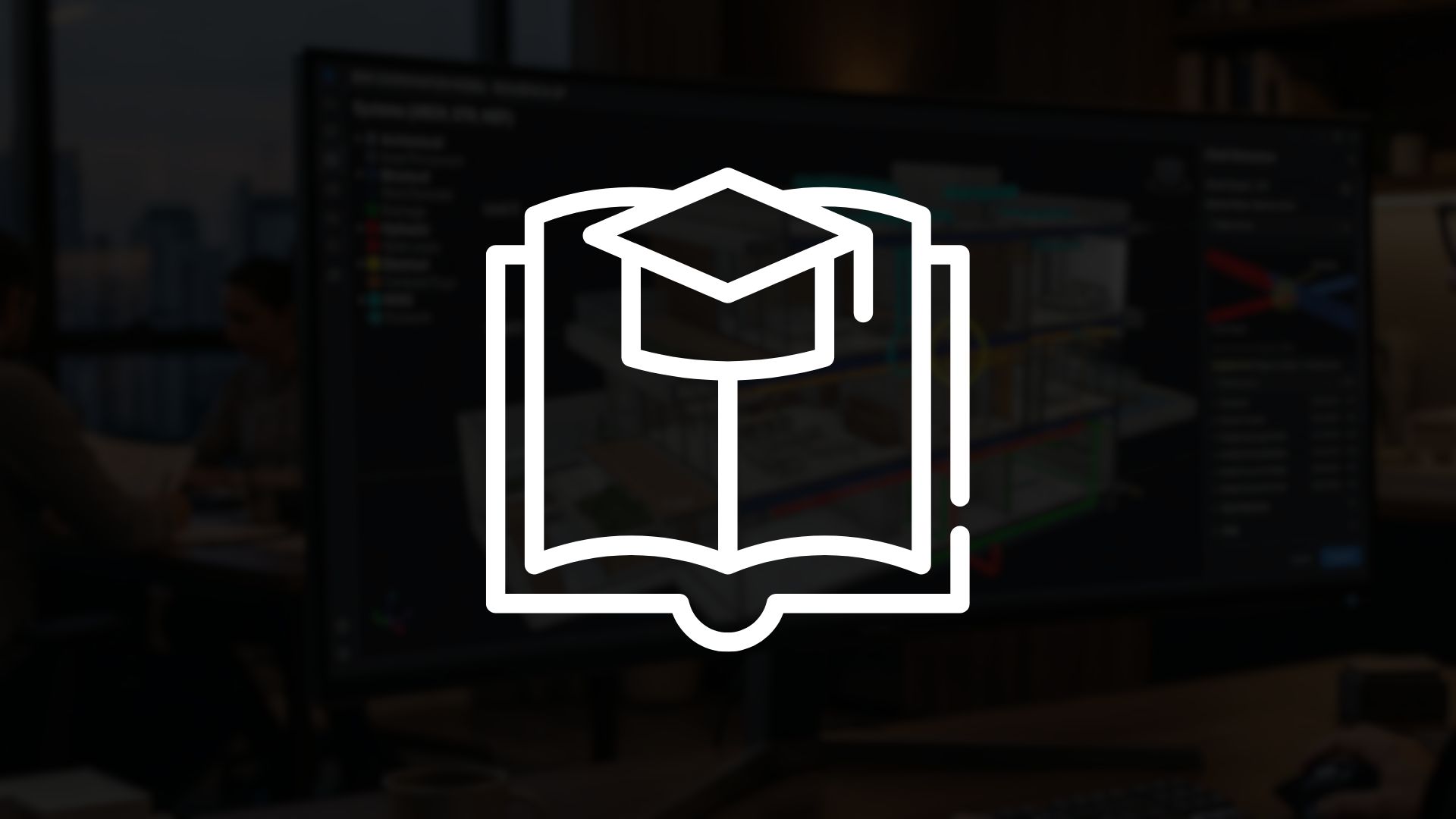 Ícone de livro aberto com capelo de formatura, representando especializações e pós-graduações em BIM e gestão de projetos.