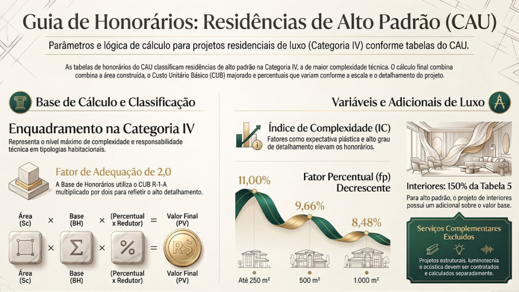 Infográfico sobre honorários de projeto residencial de alto padrão por etapas e percentual sobre custo estimado da obra.