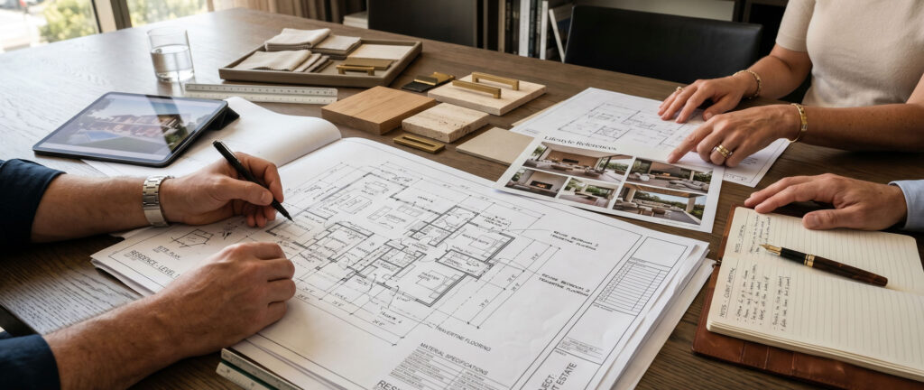 Mãos de arquitetos e clientes sobre mesa de madeira analisando planta baixa residencial impressa, cercada por amostras de materiais decorativos e prancha de referências de estilo de vida para projeto de Raphael Davila Arquitetura.