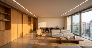 Sala de apartamento de alto padrão com marcenaria em madeira, iluminação embutida e integração entre estar e jantar.