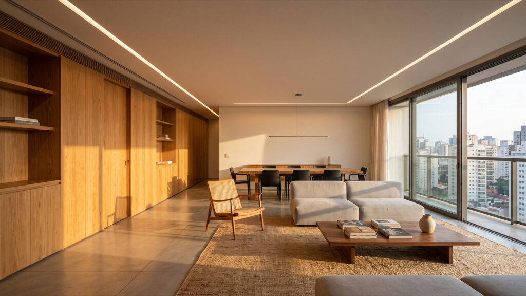 Sala de apartamento de alto padrão com marcenaria em madeira, iluminação embutida e integração entre estar e jantar.