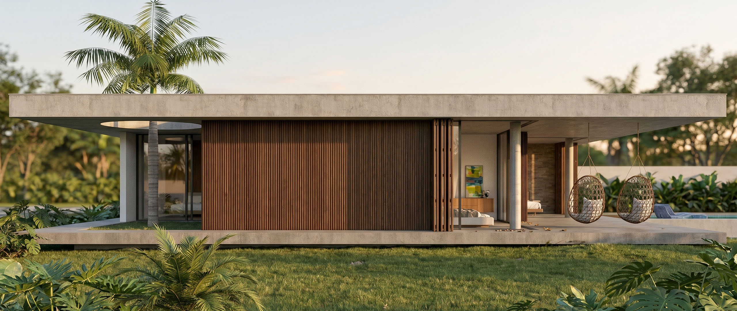 Fachada de casa de alto padrão em concreto aparente com brises de madeira e integração ao jardim tropical